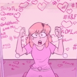 a cartoon of a girl kneeling down in front of a pink wall with hearts .