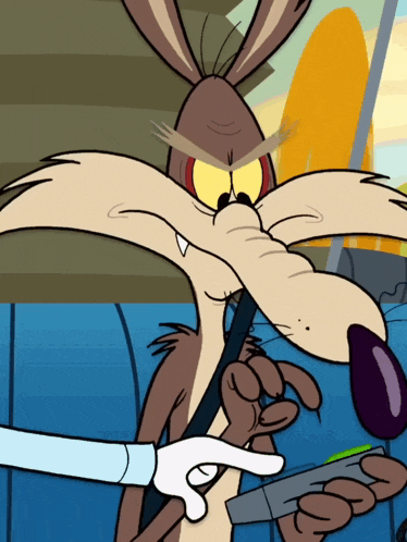 a close up of a coyote holding a gun