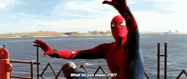 a man in a spiderman costume is asking what do you mean fbi