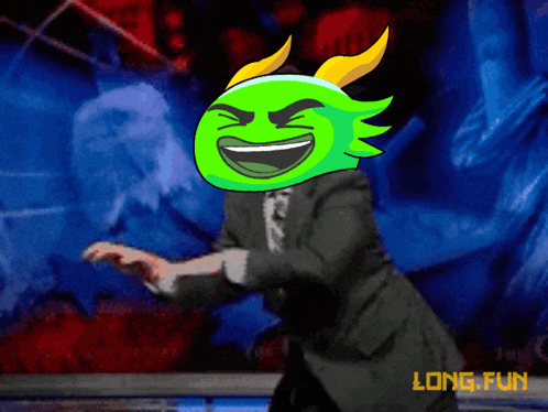 a cartoon of a man in a suit and tie with a green head with horns and the words long fun below him