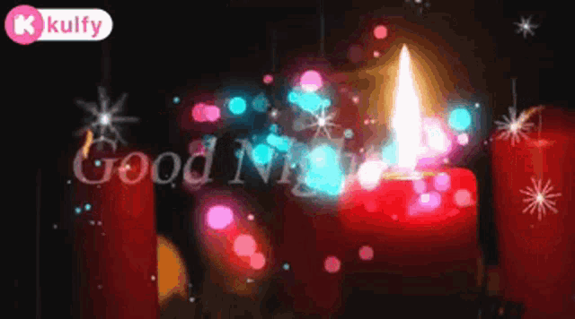 a good night greeting card with a candle and lights