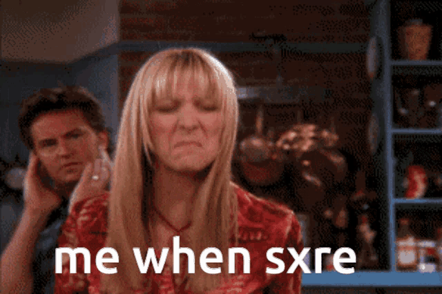 a woman making a face with the words me when sxre written on the bottom