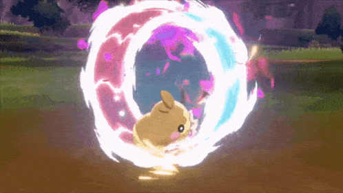 a cartoon pokemon is surrounded by a purple and blue circle