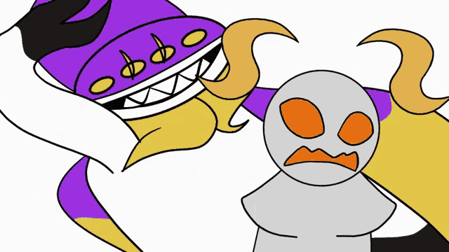a cartoon drawing of a purple and yellow monster and a smaller cartoon character