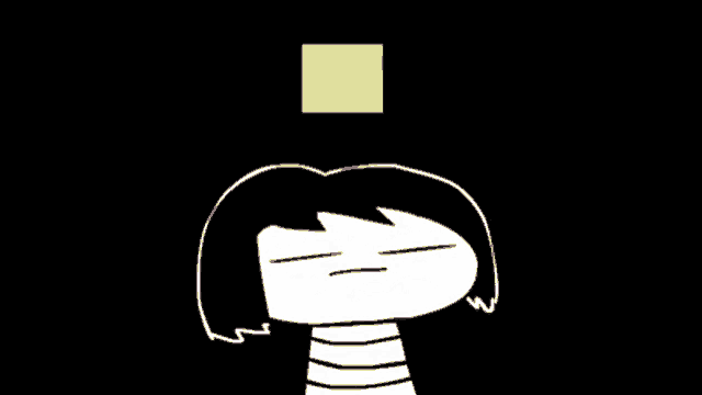 a cartoon of a girl with a yellow square on her head and a red fork in the background .