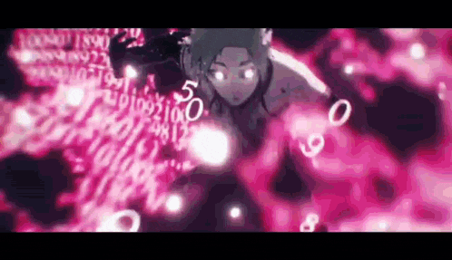 a cartoon character is surrounded by pink numbers and glowing lights in a video game .