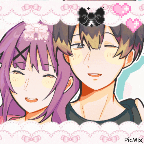 a girl with purple hair and a boy with brown hair are standing next to each other with the words picmix written below them