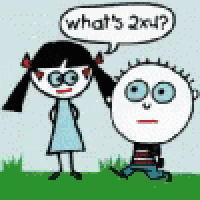 a boy and a girl are standing next to each other and the girl is asking the boy what 's 2x4 ?