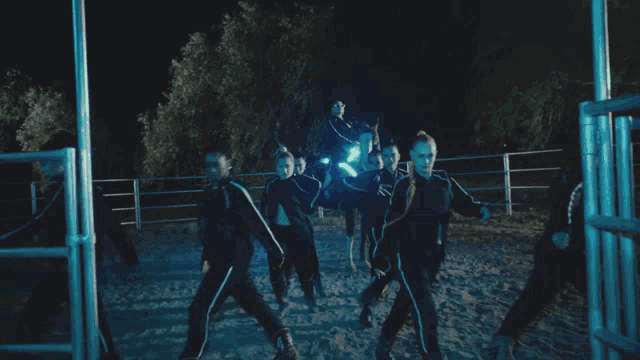 a group of people are walking in the dark and one of them is wearing a black jacket with the word adidas on it
