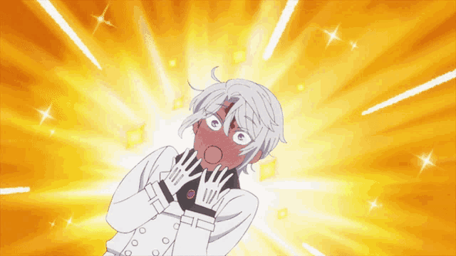 a surprised anime character with a yellow background