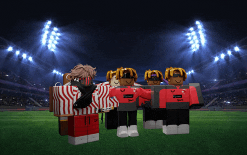a group of roblox characters are standing on a field with a stadium in the background
