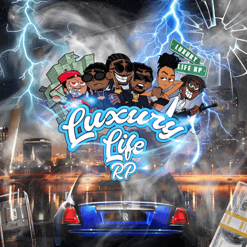 a poster for luxury life rp shows a blue limousine