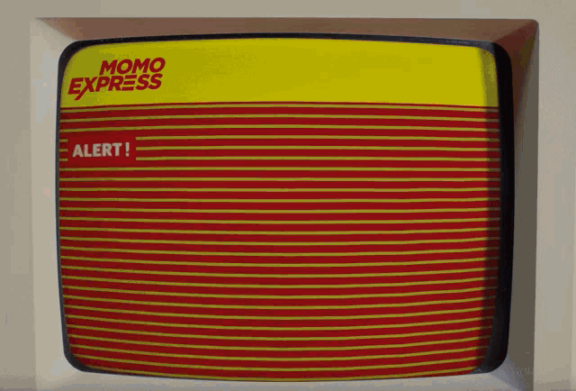 a momo express advertisement with a red and yellow striped background