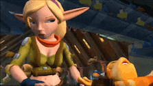 a cartoon character is standing next to a stuffed animal in a video game