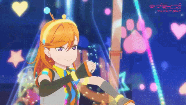 a girl in a colorful outfit is dancing in front of a sign that says love live school idol project