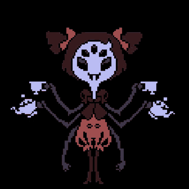 a pixel art drawing of a spider holding a cup of tea