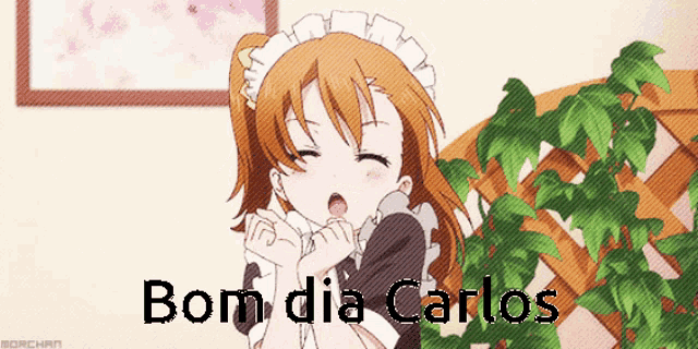 a picture of a girl in a maid outfit with bom dia carlos written below her