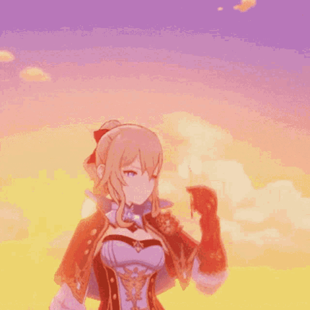 a girl with a bow on her hair is reaching out towards the sky