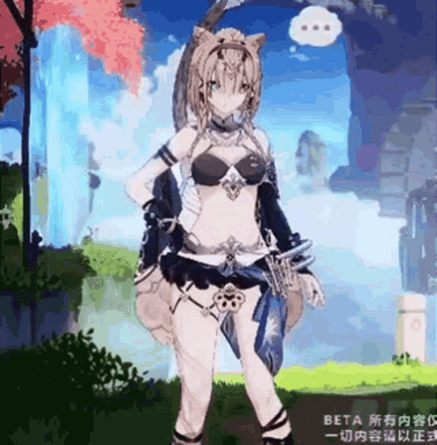 a cartoon of a girl with a cat ear standing in a park