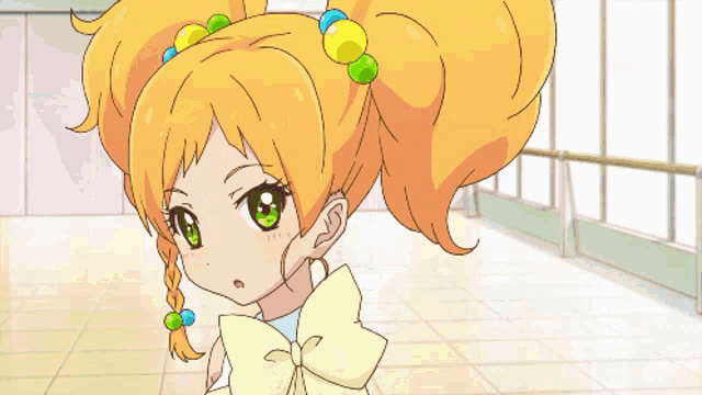 three anime girls are standing in a hallway and one is wearing a yellow dress