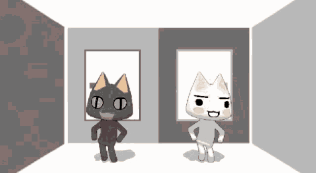 a black cat and a white cat are standing in a room