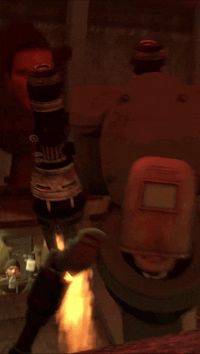 a computer generated image of a robot with a welding helmet on it