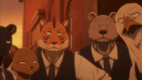 a group of cartoon characters including a tiger and a bear are standing next to each other