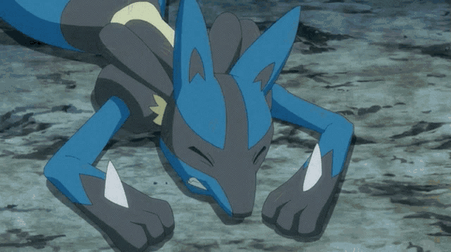 a cartoon drawing of a blue and black animal with the letter a on its head