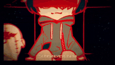 a cartoon character wearing a red hoodie is sitting in front of a man .