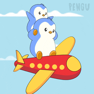 two penguins are sitting on top of a red airplane with the word pengu on the bottom