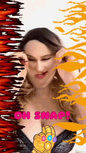 a woman making a funny face with the words oh snap written above her