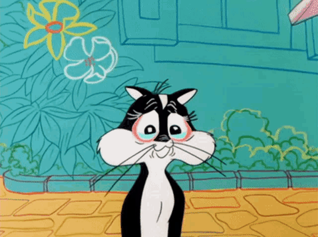 a black and white cartoon cat with tears running down its face