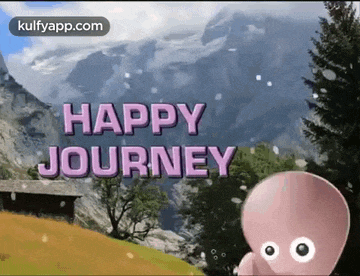 a happy journey greeting card with a cartoon character in front of a mountain range .