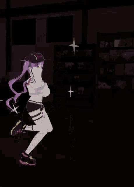 a cartoon girl with purple hair and green eyes
