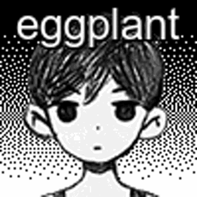 a black and white drawing of a boy with the words `` eggplant '' written on it .