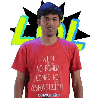 a man is wearing a red shirt that says with no power comes no responsibility