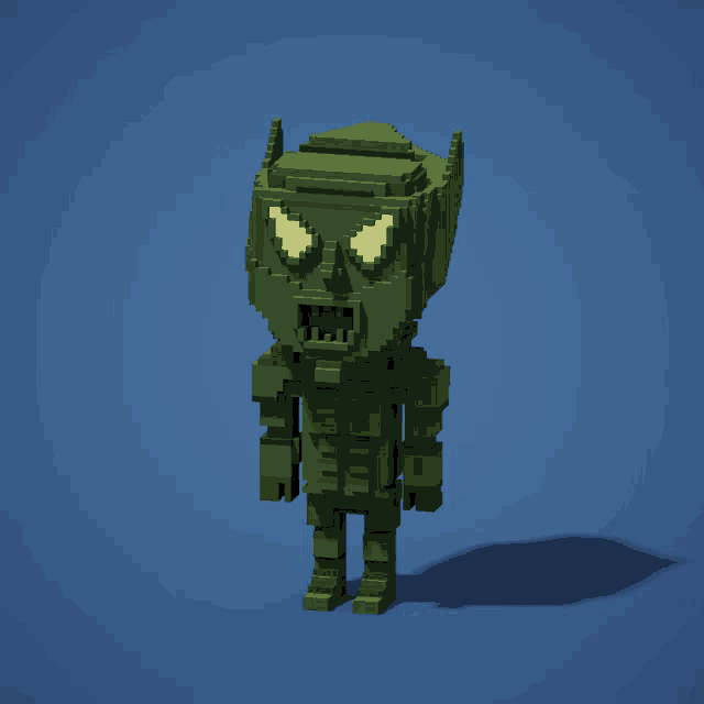 a pixel art of a green goblin with yellow eyes