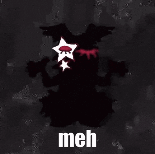 a silhouette of a monster with a star on its head and the words `` meh '' written on it .
