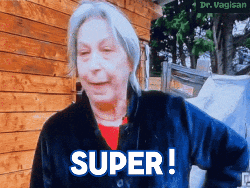 a woman says super in front of a wooden wall