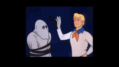 scooby doo holds a pillow over a bald man 's head