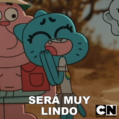gumball from the amazing world of gumball is covering her mouth with her hands and says `` sera muy lindo '' .