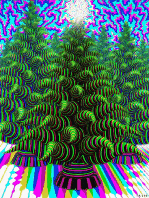 an optical illusion of a christmas tree surrounded by colorful balls