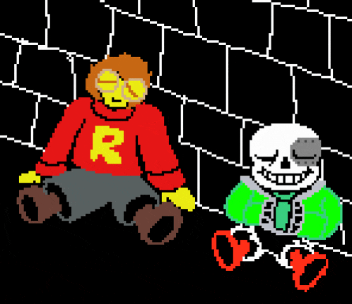 a pixel art drawing of a boy in a red sweater with the letter r on it