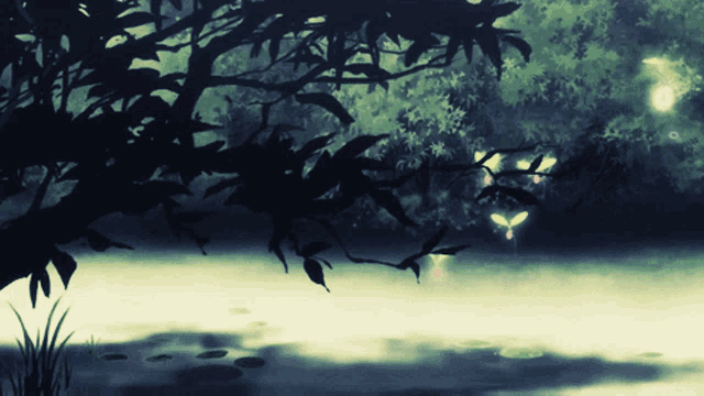 a painting of a pond with trees and leaves in the foreground