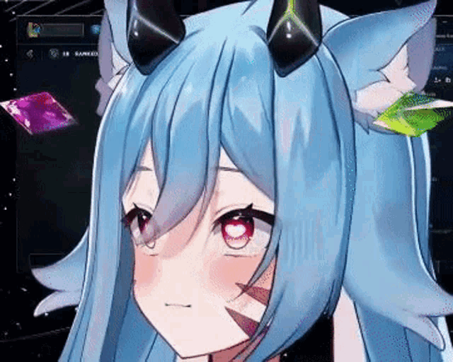 a close up of a anime girl with blue hair and horns