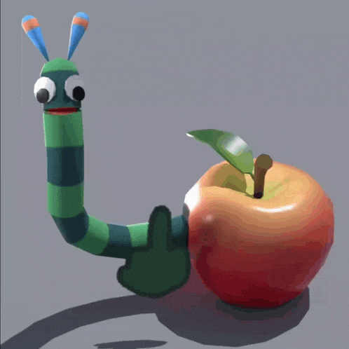 a cartoon worm is giving a middle finger to an apple