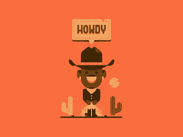 an illustration of a cowboy with the word howdy above him