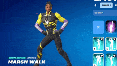 a marsh walk emote is shown on a blue screen