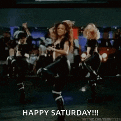 a group of women are dancing in a club with the words `` happy saturday ! ''
