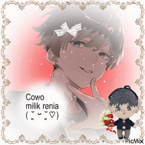 a picture of a boy with a bow on his head and the words " cowo milik renia "